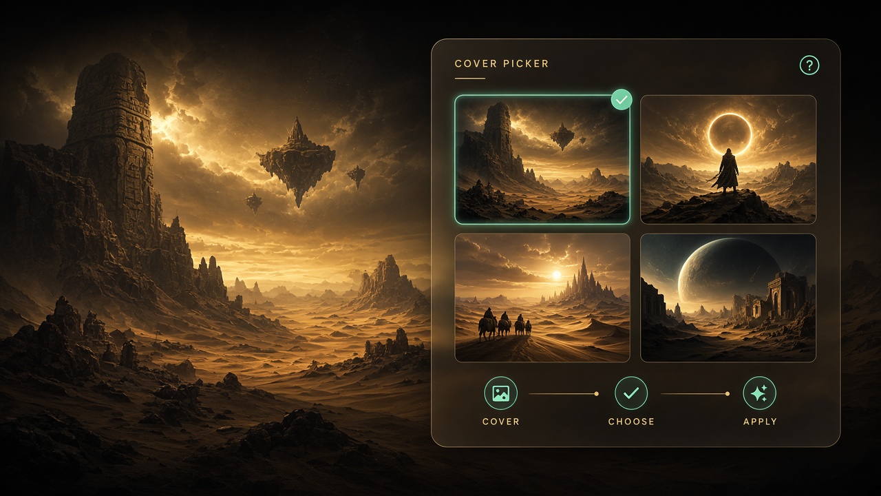 Desert epic poster with cover picker grid