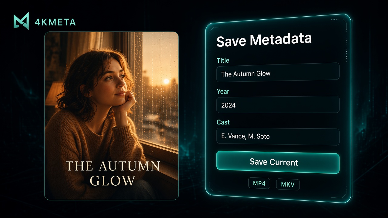 Indie drama poster with Save Metadata card for MP4 and MKV