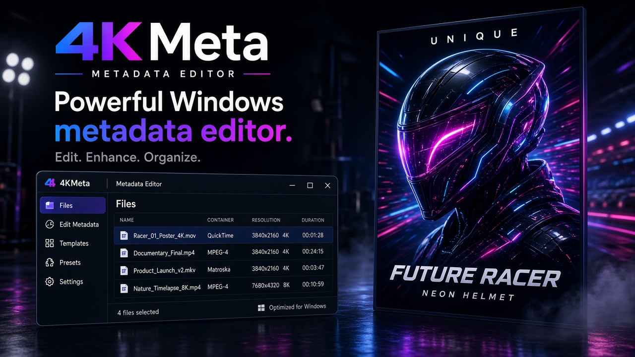 4KMeta metadata editor — stylized product illustration
